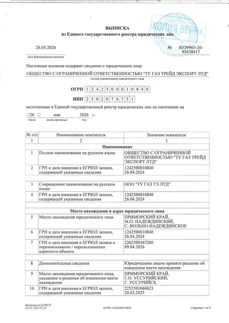 Доля в уставном капитале ООО «ТУ ГАЗ Трейд Экспорт ЛТД» в размере 100%.