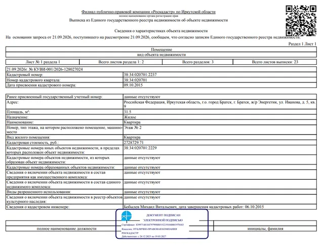 1/3 доля в праве общей долевой собственности на жилое помещение общей площадью 31,5 кв. м, кадастровый номер 38:34:020701:2237, местоположение: Иркутская область, г. Братск, ж/р Энергетик, ул. Иванова, д. 5, кв. 9.