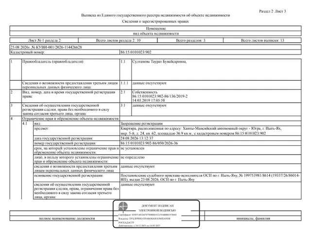 Жилое помещение (квартира), площадь 36,9 кв.м., кадастровый номер: 86:15:0101023:902, г. Пыть-Ях, мкр. 5-й, д. 24, кв. 62, рег. № 26-538;