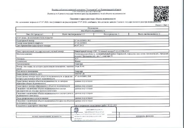 Квартира общ. пл. 30.9 кв.м., Кадастровый номер 47:16:0430001:902 расположенная по адресу: Ленинградская область, Кировский мун. район, г.п. Приладожское, д. 3, кв. 95.