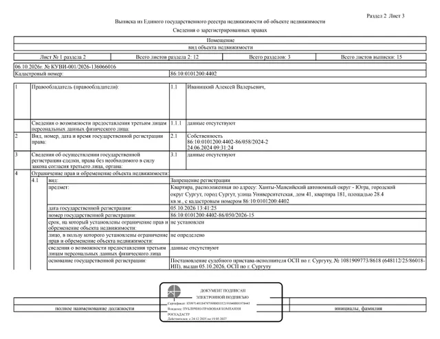 Жилое помещение (квартира), площадь 28,4 кв.м., кадастровый номер: 86:10:0101200:4402, г. Сургут, ул. Университетская, д. 41, кв. 181, рег.№ 26-666;