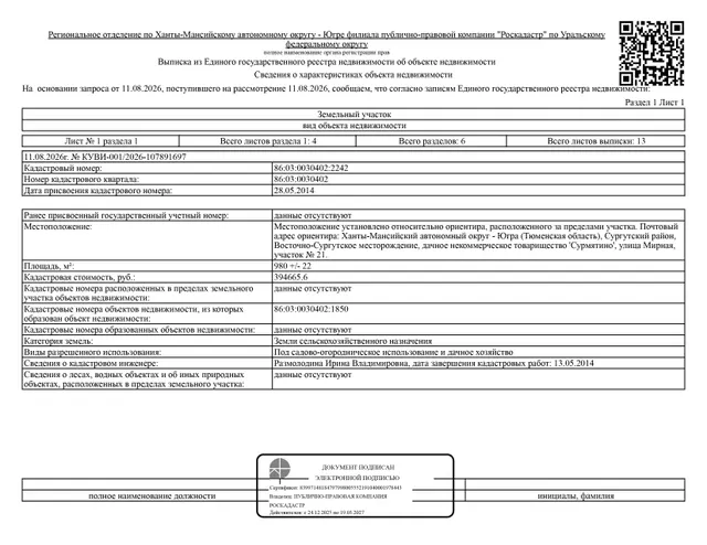 Земельный участок, площадь 980 кв.м., кадастровый номер: 86:03:0030402:2242, Сургутский р-н, Восточно-Сургутское месторождение, дачное некоммерческое товарищество "Сурмятино", ул. Мирная, уч. №21, рег. № 26-520;