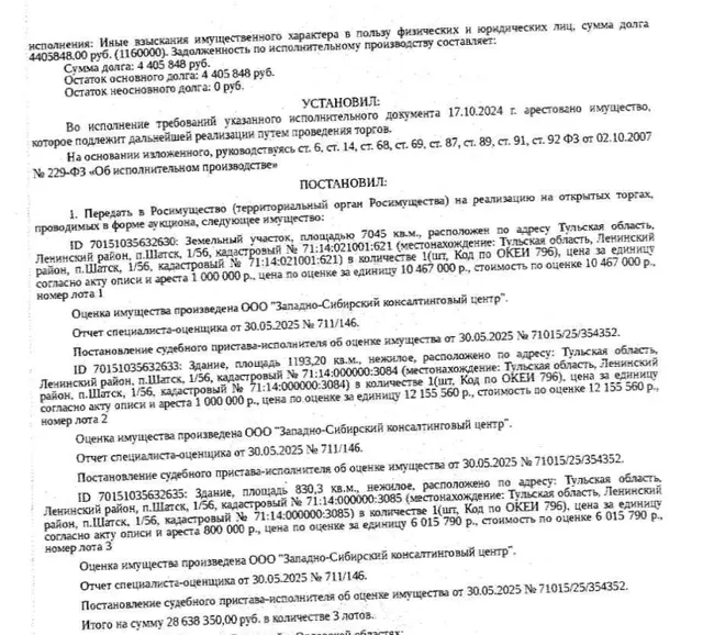 Земельный участок, категория земель: земли промышленности, энергетики, транспорта, связи, радиовещания, телевидения, информатики, ... и земли иного специального назначения, виды разрешенного использования: для эксплуатации нежилых зданий, площадь 7045 +/- 147 кв.м., кадастровый номер 71:14:021001:621, местоположение: Российская Федерация, Тульская область, Ленинский район, п. Шатск, 1/56. Особые отметки: см. Извещение. Взыскатели: Марьин Н.Г., Зайцева И.И. и др. Должник: ООО «Бассейн люкс».