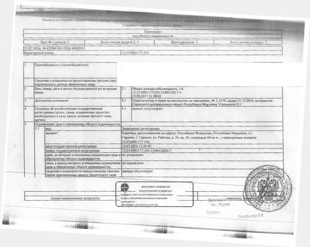 1/6 доля в праве общей долевой собственности на жилое помещение (квартира) общей площадью 64 кв.м.