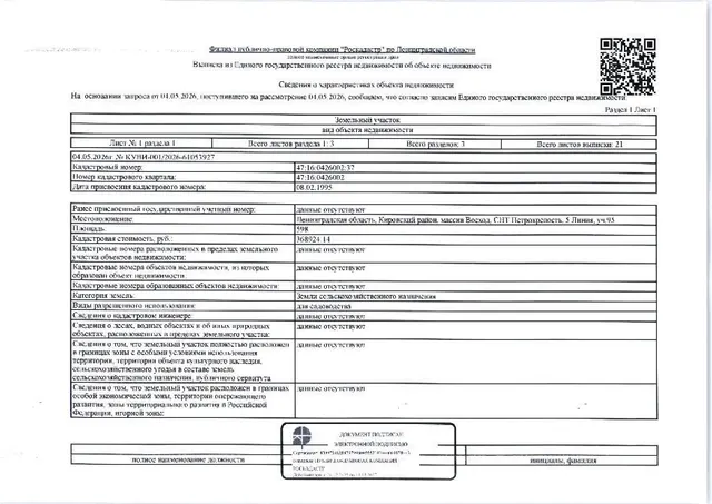 1/2 доли на земельный участок площадью 598 кв.м, кад. № 47:16:0426002:37, расположенный по адресу: Ленинградская область, Кировский район, массив Восход, СНТ Петрокрепость, 5 Линия, уч.95