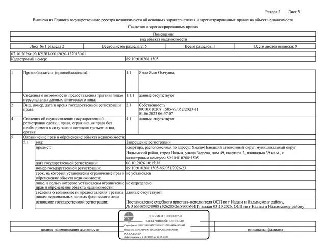 Жилое помещение (квартира), площадь 39 кв.м., кадастровый номер: 89:10:010208:1505, г. Надым, ул. Зверева, д. 49, кв. 2, рег.№ 26-139;