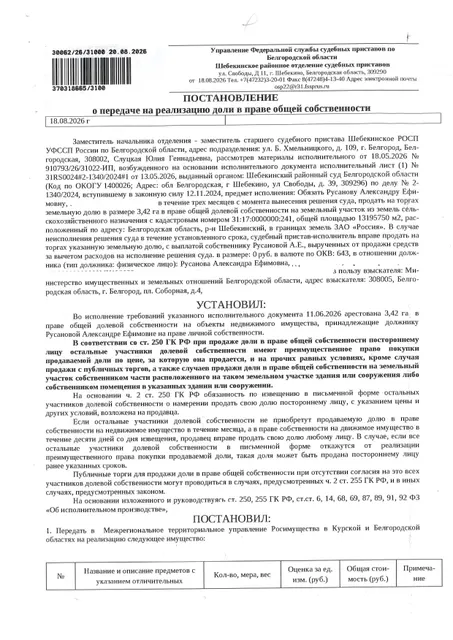 Доля в размере 3,42 га в праве общей долевой собственности на земельный участок площадью 13195750 кв. м, кадастровый номер 31:17:0000000:241. Имущество обременено: арест, запрещение регистрации. Имущество принадлежит на праве собственности Русановой А.Е. Взыскатель: Министерство имущественных и земельных отношений Белгородской области. Основание реализации: исполнительный лист Шебекинского районного суда Белгородской области по делу № 2-1340/2024 от 03.10.2024.