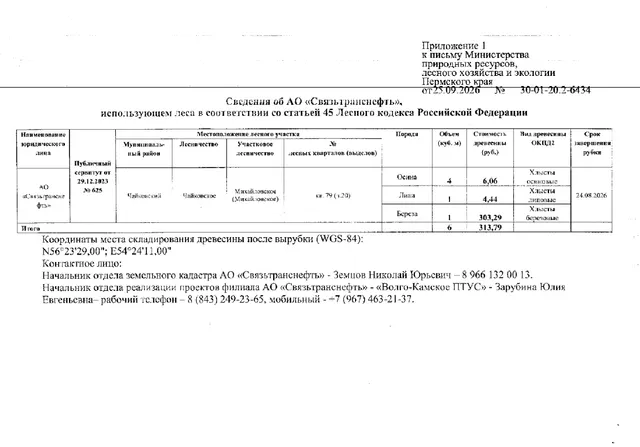 Лот № 3 (от 25.09.2026 № 30-01-20.2-6434 (вх. № 59-18417 от 02.10.2026). Количество, породный и сортиментный состав древесины (вся древесина - хлысты): осина – 4 куб.м., липа – 1 куб.м., береза – 1 куб.м. Всего: 6 куб.м.