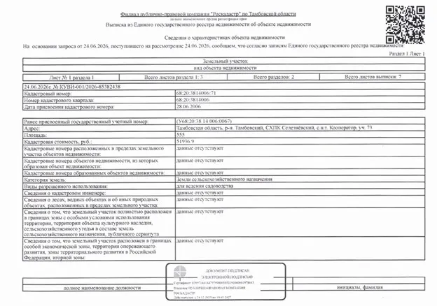 Земельный участок, кадастровый номер 68:20:3814006:71, площадь 555 кв. м, категория земель: земли сельскохозяйственного назначения, вид разрешенного использования: для ведения садоводства, вид права: собственность, адрес (местоположение): Тамбовская область, Тамбовский р-он, СХПК Селезневский, СНТ Кооператор, уч. 73