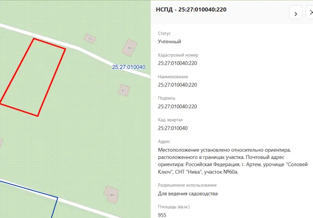 Земельный участок, земли сельскохозяйственного назначения, для ведения садоводства, пл. 955 +/- 22 кв.м., кад.№ 25:27:010040:220, адрес: Местоположение установлено относительно ориентира, расположенного в границах участка. Почтовый адрес ориентира: Российская Федерация, г. Артем, урочище "Соловей Ключ", СНТ "Нива", участок № 60а. Соб-к Морозенко А.Н.
