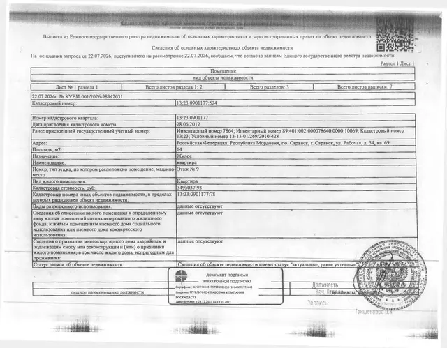 1/6 доля в праве общей долевой собственности на жилое помещение (квартира) общей площадью 64 кв.м.
