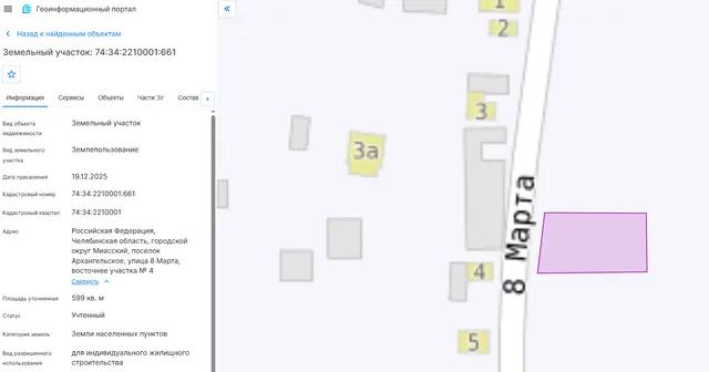 Земельный участок с кадастровым номером 74:34:2210001:661,                           с разрешенным использованием – для индивидуального жилищного строительства, расположенного по адресу: Челябинская обл., Миасский городской округ, п. Архангельское, ул. 8 Марта, восточнее участка №4,  общей площадью 599 кв.м, из земель населенных пунктов