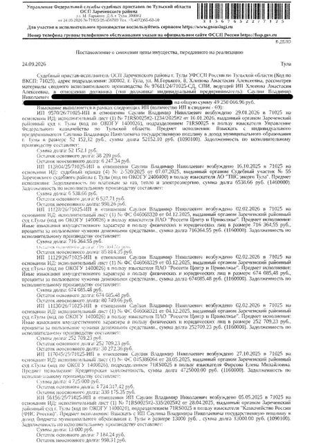 Автомобиль легковой VОLVО ХС70, светло-коричневый, 2008 г.в., гос.номер Н095ТТ71, VIN YV1BZ714681037743, след от вмятины на капоте автомобиля, отсутствует стекло задней двери (багажника), возле вмятины на капоте 2 трещины краски, скол покрытия на переднем бампере, иные внешние повреждения не установлены. Место хранения: г. Тула, п. Октябрьский, 9-й проезд, д 25. Ответственный хранитель Саулин Р.В. Взыскатель: УФК по Тульской области, АО «ТНС энерго Тула» и др. Должник: Саулин В.Н.